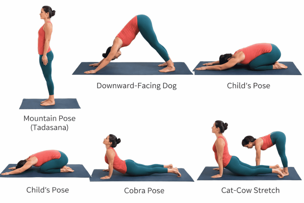 basic yoga poses for beginners including mountain pose downward dog child pose cobra and cat cow stretch ✔️ Helps Google understand image ✔️ Improves SEO ranking ✔️ Required for accessibility