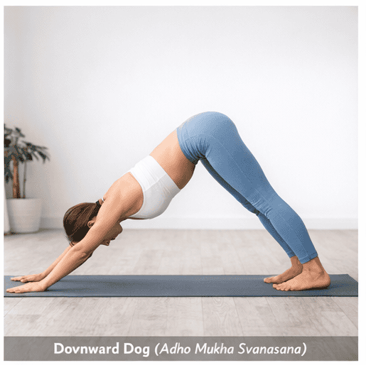 2. Downward Dog (Adho Mukha Svanasana) Hands and feet on the mat Lift hips upward Keep back straight