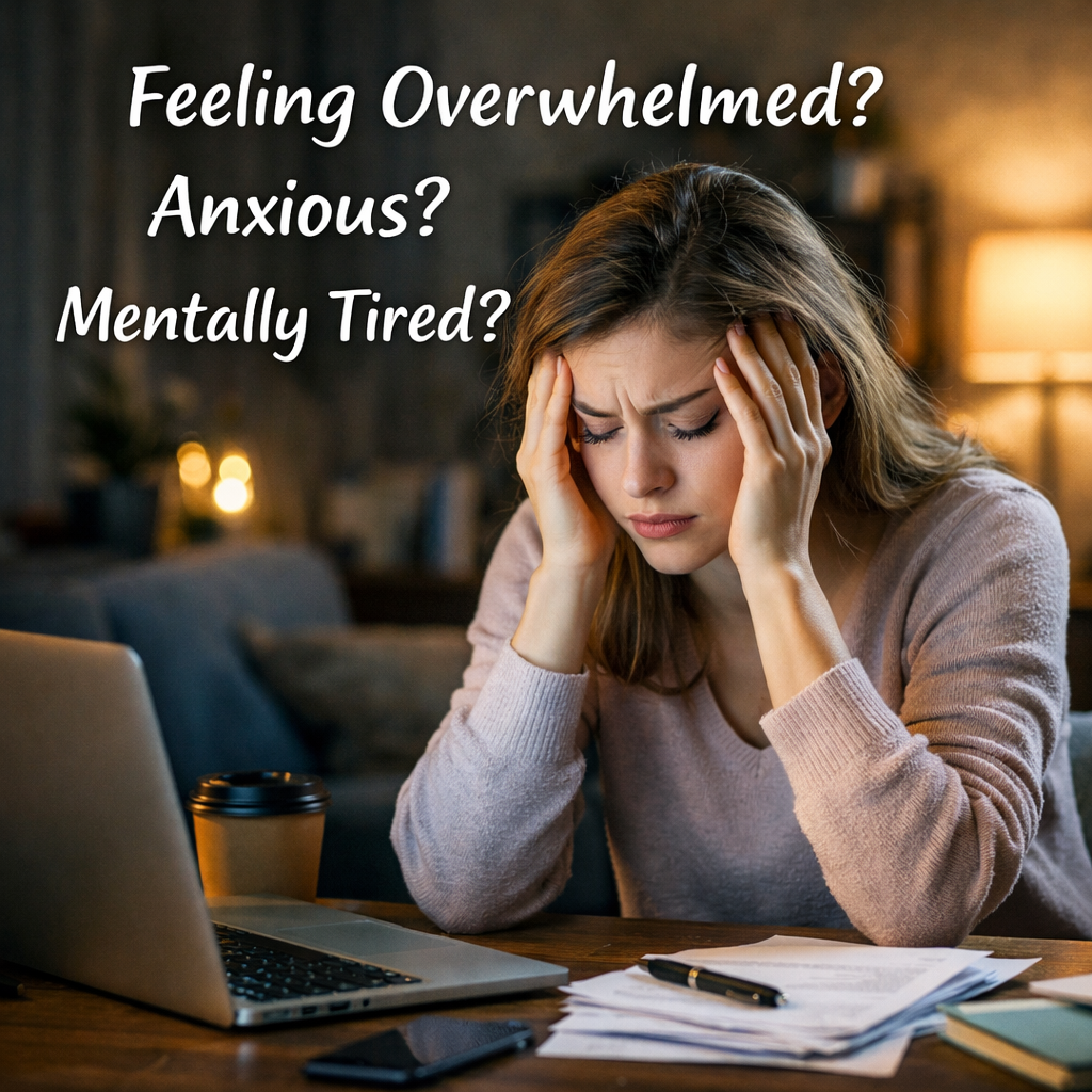 Feeling overwhelmed anxious mentally tired after work stress relief yoga beginner concept